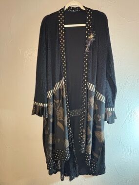 Indigo Moon Embellished Layered Duster with Gold Accents Kimono